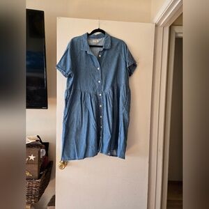 Pact Blue Button-Front Denim Midi T Shirt Dress